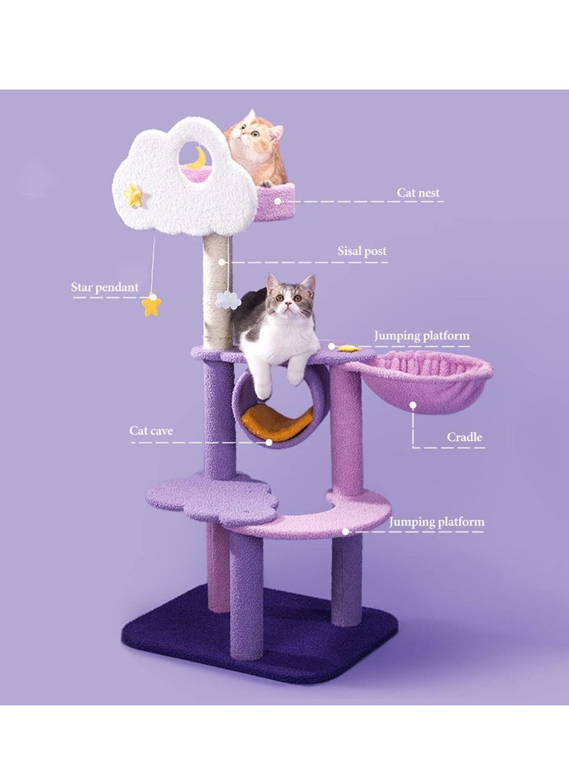 Cute Purple Cat Tree for Indoor Cats Multi-Level Cat Tower with Sisal Scratching Post  Plush Dangling Balls Pet Jungle Gym Cozy Plush Flower Cat Tree