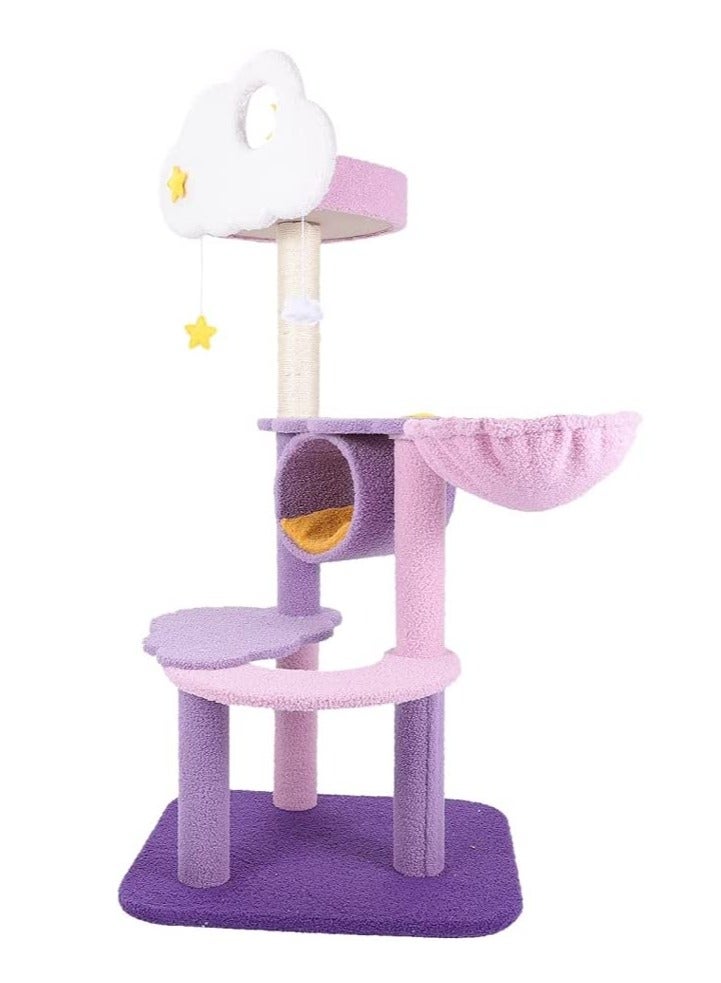 Cute Purple Cat Tree for Indoor Cats Multi-Level Cat Tower with Sisal Scratching Post  Plush Dangling Balls Pet Jungle Gym Cozy Plush Flower Cat Tree