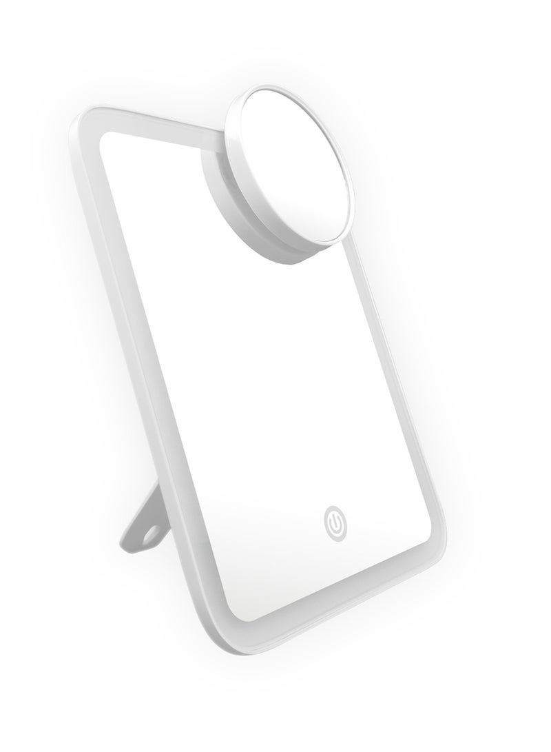 Portable LED Makeup Mirror - 3 Adjustable Light Settings, 1x Large & Detachable 10x Magnifying Mirror, Cordless Travel Mirror with 360° Rotatable Kickstand - White.