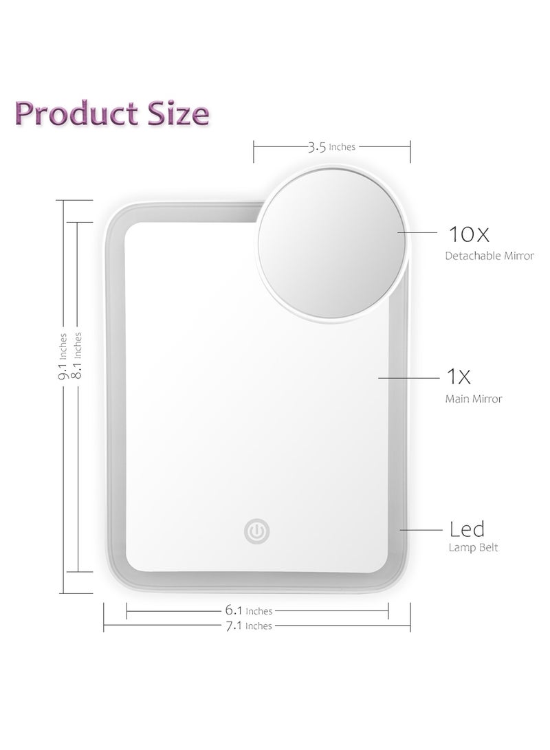 Portable LED Makeup Mirror - 3 Adjustable Light Settings, 1x Large & Detachable 10x Magnifying Mirror, Cordless Travel Mirror with 360° Rotatable Kickstand - White.
