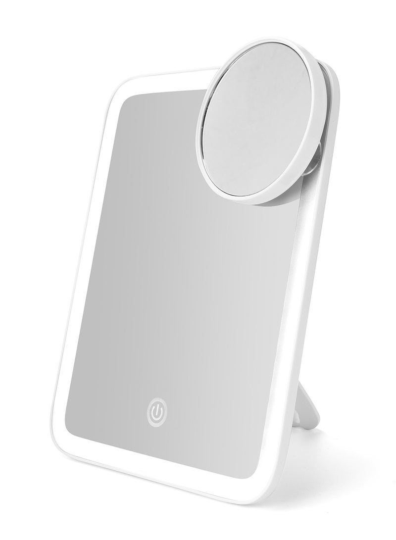 Portable LED Makeup Mirror - 3 Adjustable Light Settings, 1x Large & Detachable 10x Magnifying Mirror, Cordless Travel Mirror with 360° Rotatable Kickstand - White.