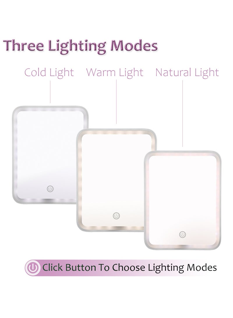 Portable LED Makeup Mirror - 3 Adjustable Light Settings, 1x Large & Detachable 10x Magnifying Mirror, Cordless Travel Mirror with 360° Rotatable Kickstand - White.