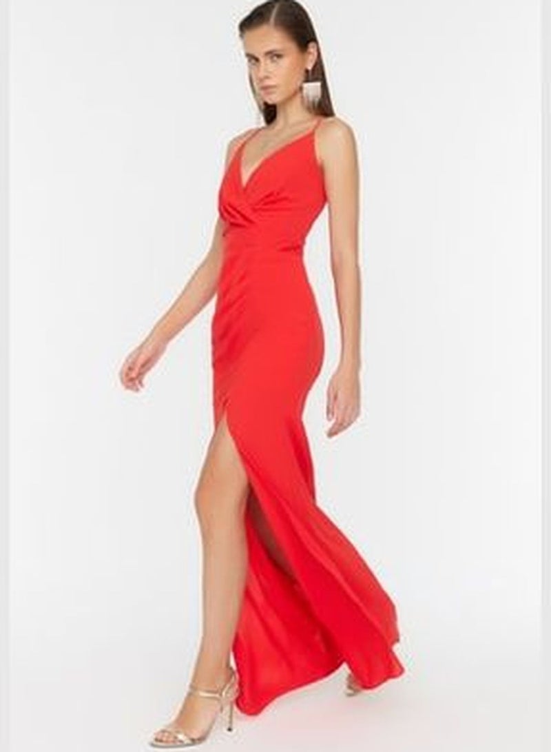 Red Evening Dress With Piping Detailed Back TPRSS22AE0012