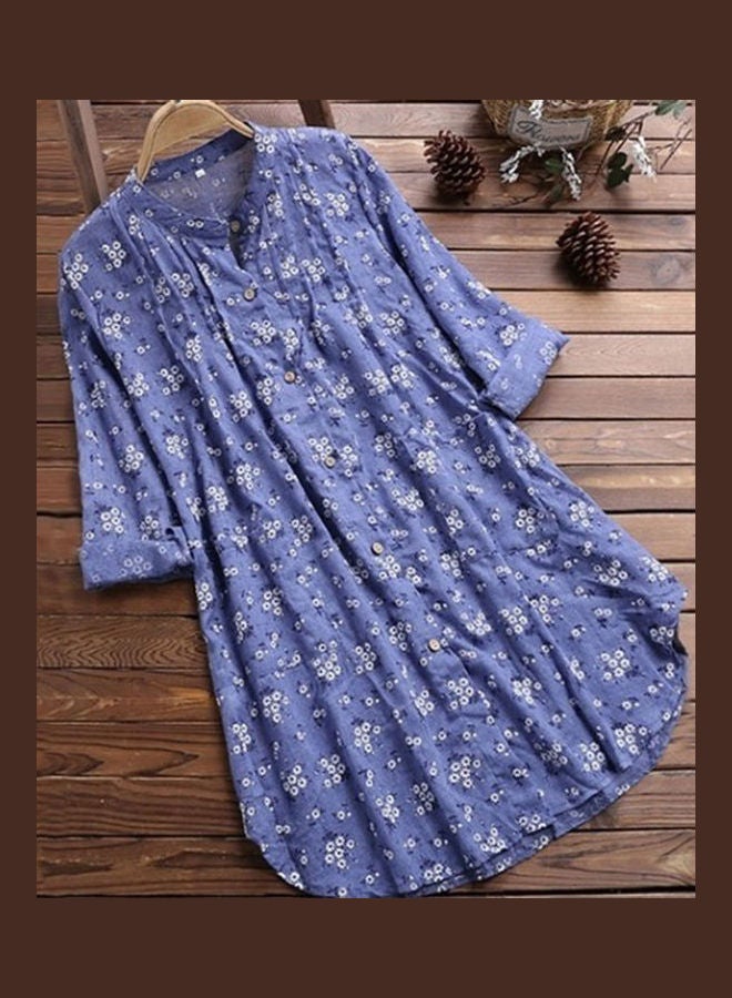 Women's V Neck Floral Print Long Sleeve Casual Blouse Top Blue