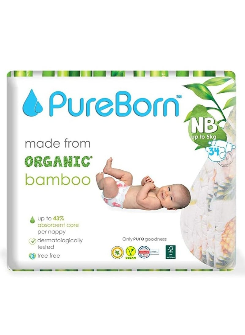 Pureborn Organic Natural Bamboo Baby Disposable Diapers Newborn 1-3 Kg 34 pcs Assorted Print Premium Super Soft Maximum Leakage protection Eco friendly Nappies New born Essentials