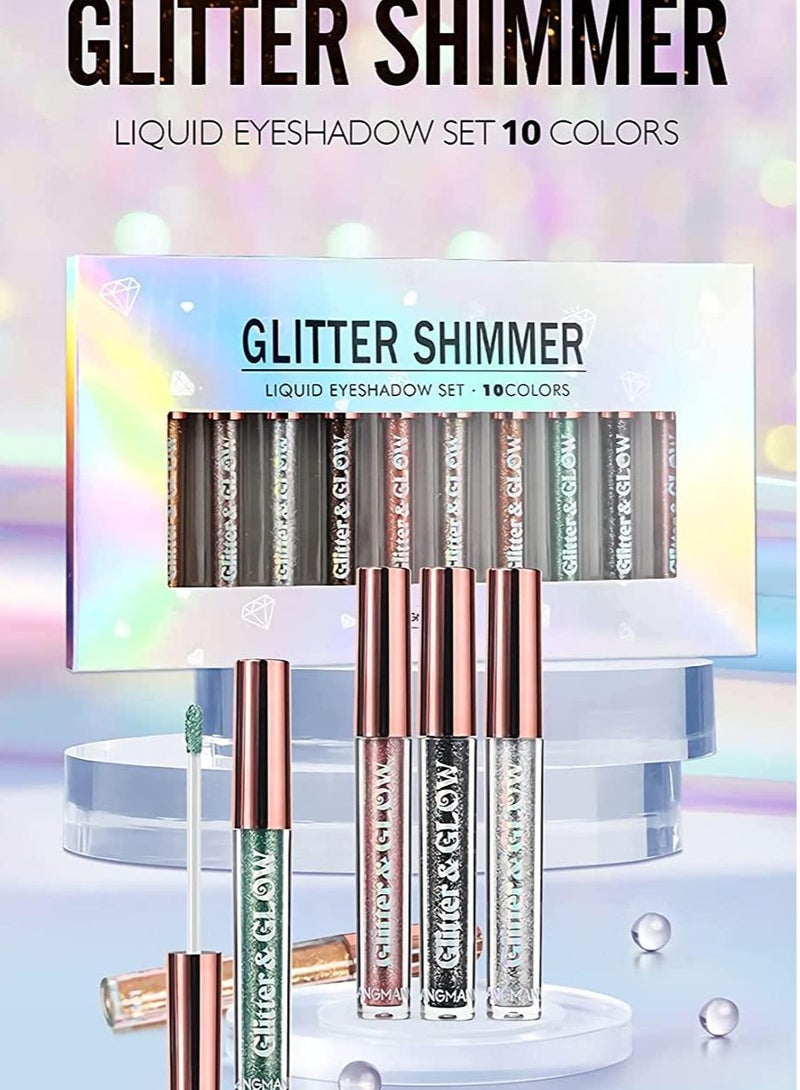 10Pcs Glitter Shimmer Liquid Eyeshadow set Glow Liquid Eyeshadow Makeup Metallic Shimmer Glitter Eyeshadow Sweatproof Makeup Set Glitter Pressed All Highly Pigmented Blending Liquid Eyeshadow Set