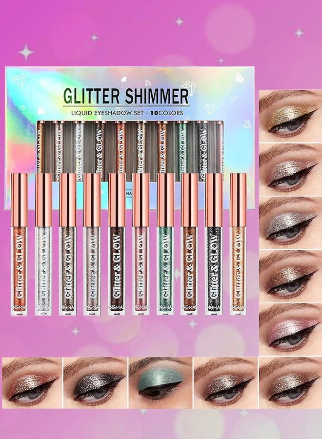 10Pcs Glitter Shimmer Liquid Eyeshadow set Glow Liquid Eyeshadow Makeup Metallic Shimmer Glitter Eyeshadow Sweatproof Makeup Set Glitter Pressed All Highly Pigmented Blending Liquid Eyeshadow Set