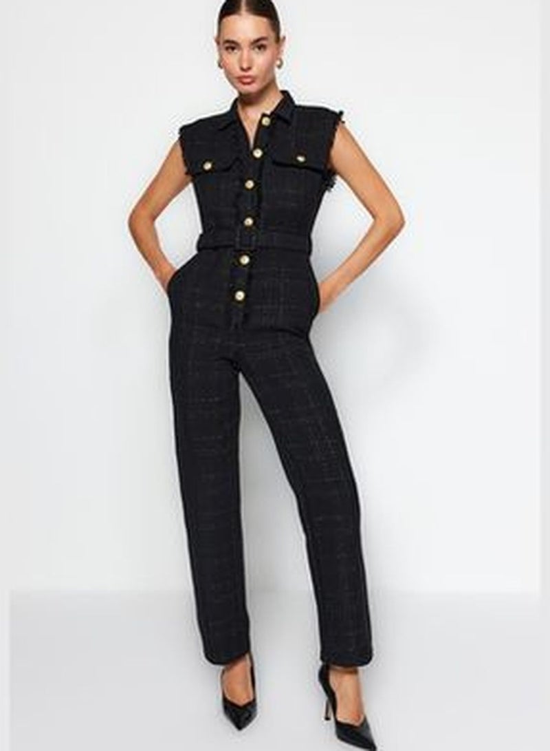 Black Button Detailed Tweed Jumpsuit With A Belt TWOAW24TU00013