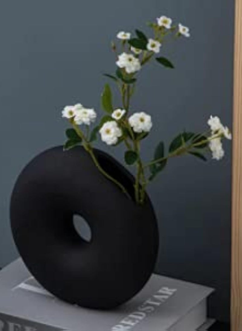 Side Cut Donut Black Vase | Modern Ceramic Vase for FLower Arrangements | With Vase Fillers | for Elegant Home Décor, Offices, Events, Gifting
