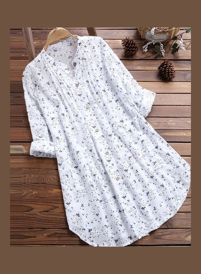 Women's V Neck Floral Print Long Sleeve Casual Blouse Top White