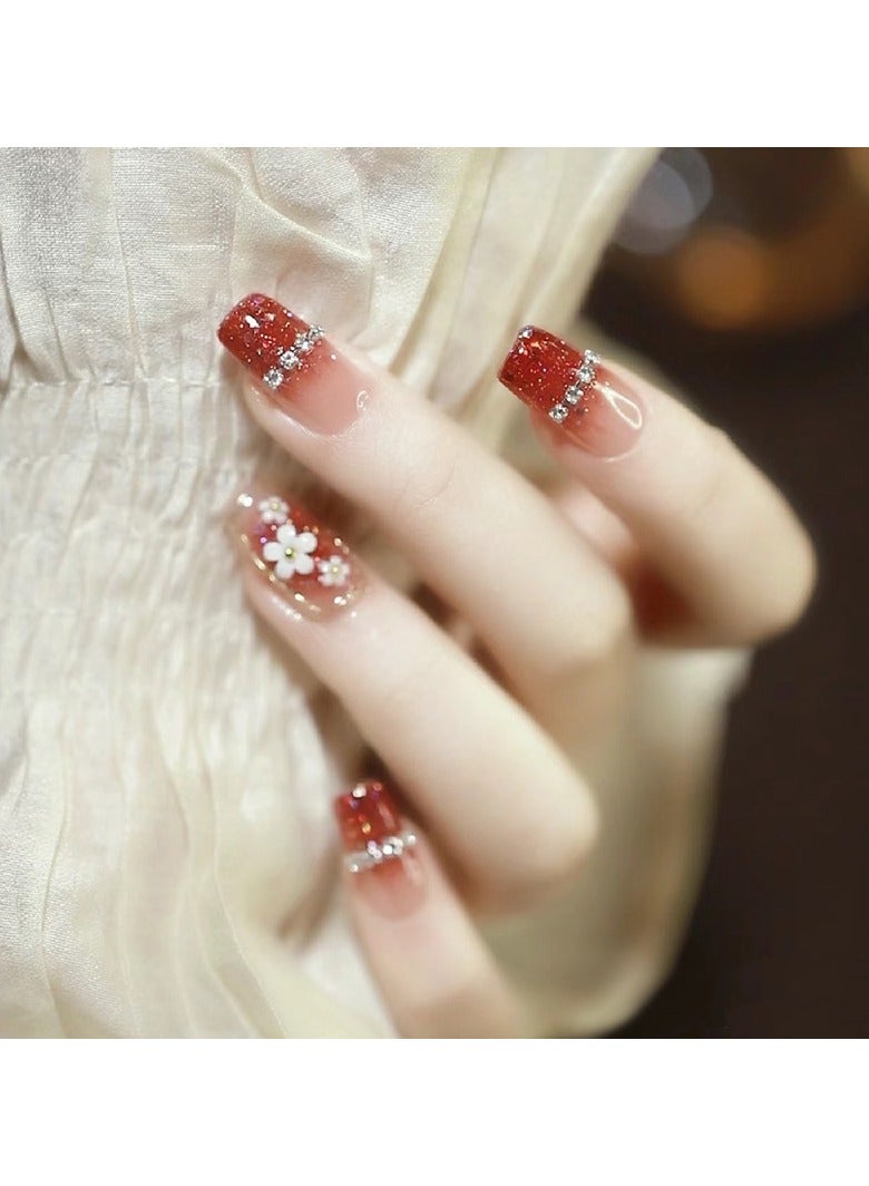 Red Rhinestone Flower Nail 24 Pieces with Kit
