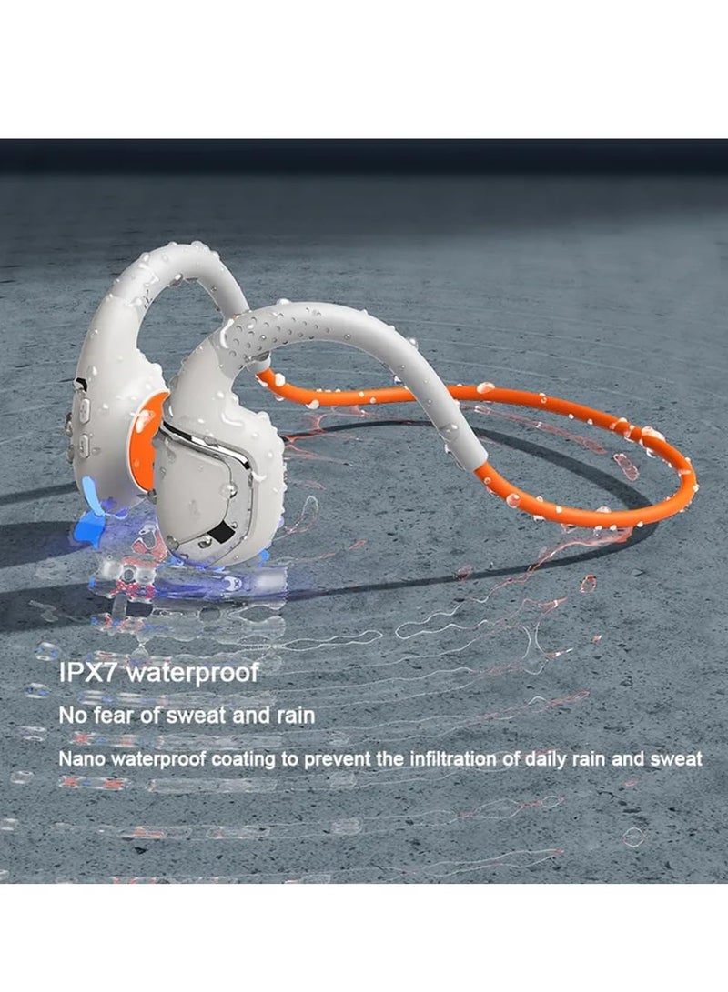 Open Ear Headphones, Bluetooth 5.3 Wireless Open Ear Lightweight Headphones with Built-in Mic, Noise-Cancellation Mic for Clear Calls, IPX7 Waterproof,for Sports Workout Gaming (White+Orange)