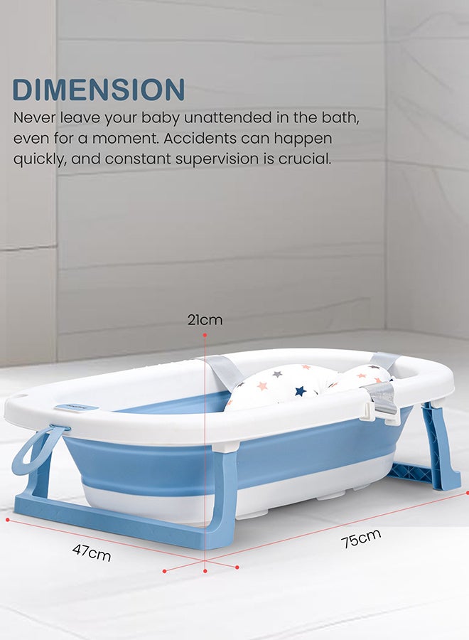 Foldable Baby Bath Tub With Anti-Skid Base, Support Cushion, Temperature Sensing Plug And Wall Mountable 0-3 Years, Blue