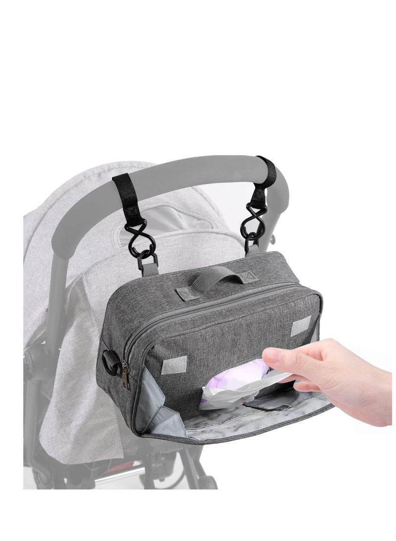 Small Diaper Bag Stroller Bag Diaper Organizer Caddy for Diapers with Insulated Pocket, Stroller Straps and Adjustable Shoulder Strap,Universal Fit Most Strollers, Gray