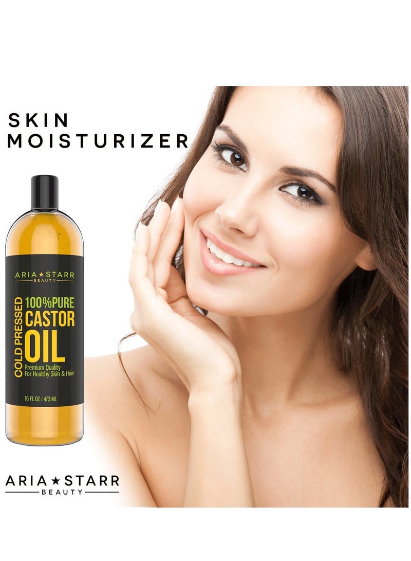 Aria Starr Castor Oil Cold Pressed - 16 FL OZ - 100% Pure Hair Oil For Hair Growth, Face, Skin Moisturizer, Scalp, Thicker Eyebrows And Eyelashes