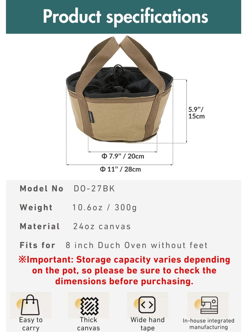 Camping Travel Cooking Utensils Organizer, Canvas Dutch Oven Bag for 8-inch Dutch Oven w/o Feet Extra Thick Round Cooking System Storage Bag Stock Pot Case DO-27-BK