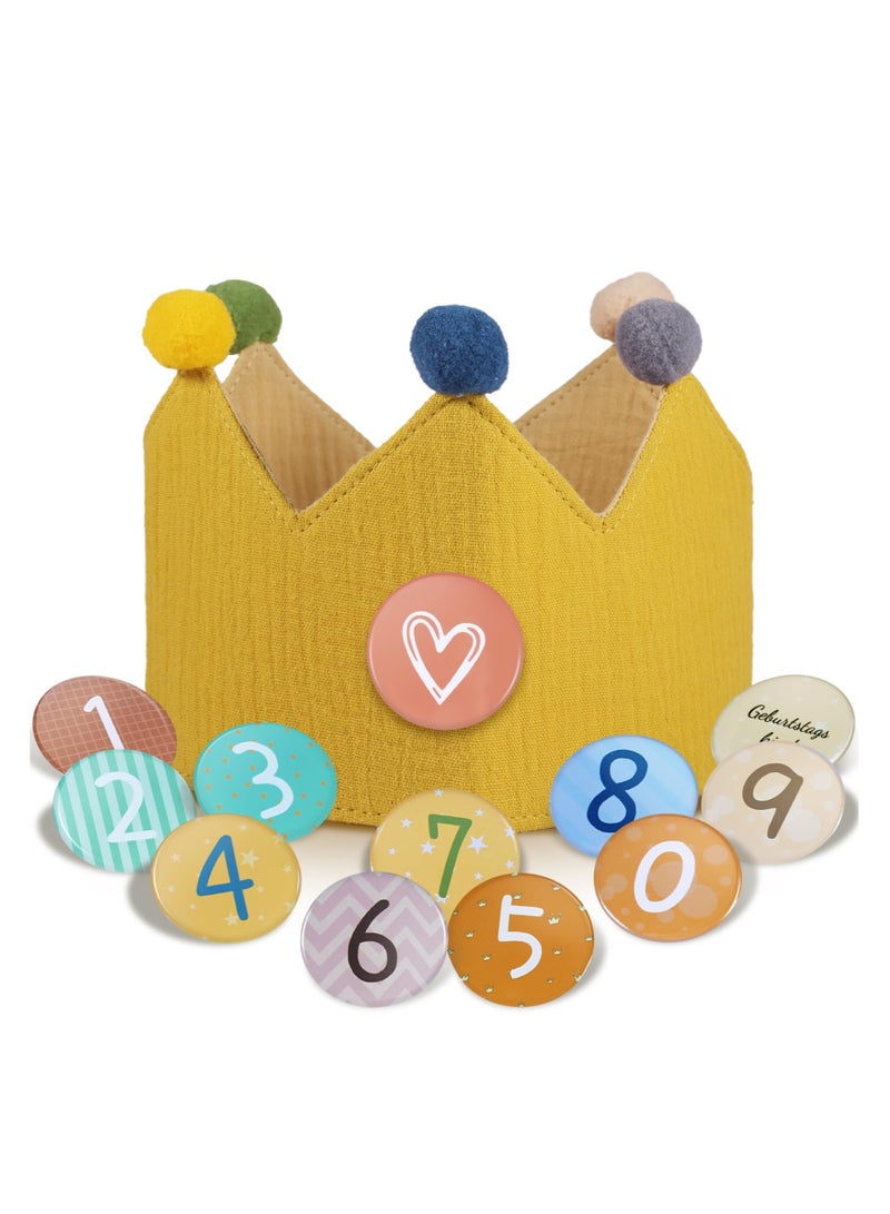 Birthday Crown Hat, Birthday Hat, with Interchangeable Numbers from 0 to 9  & Cute Muslin Kids Birthday Crown Reusable Decorative Birthday Hat, Hat Party Supplies for Baby, Girls, Boys (Yellow)
