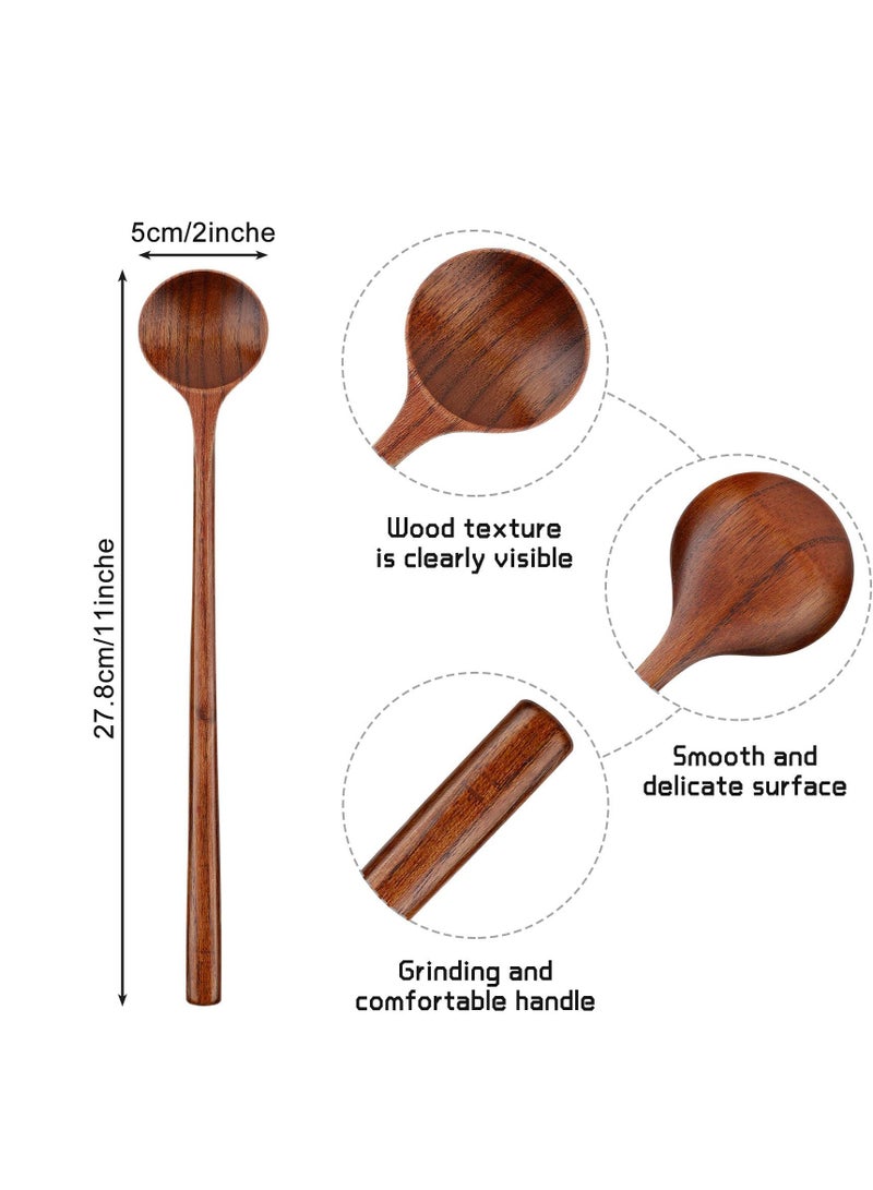6 PCS 10.9 Inch Wooden Long Spoons, Kitchen Wooden Cooking Spoon, Korean Style Soup Spoons, Suitable for Eating Mixing Stirring, Soup Stews (Brown)