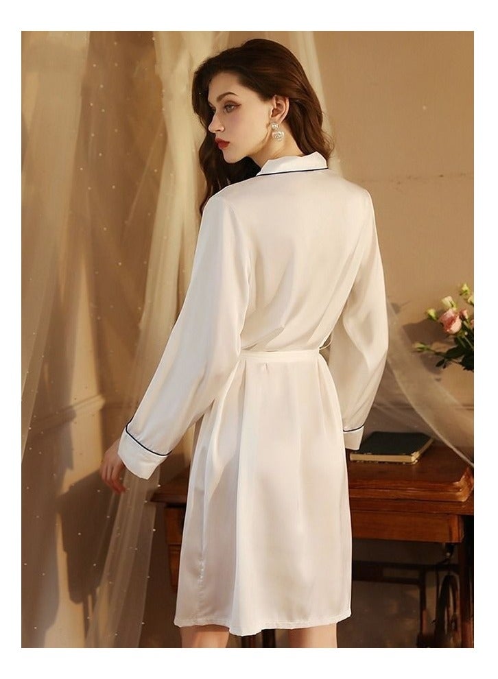 Women's Bathrobe Light Luxury Ice Silk Satin Cooling Nightgown Wrapping Design Breathable Skin-friendly Bathrobe White