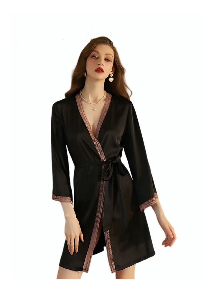 Women's Bathrobe Light Luxury Ice Silk Satin Cool Feeling Nightgown Lace Edge Design Bathrobe Black