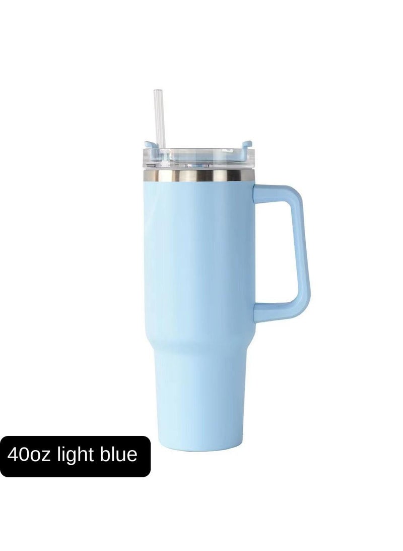 Large Capacity Stainless Steel Thermos with Handle and Straw Light Blue 40oz 1200ml