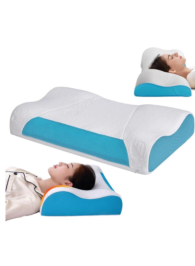 Tycom Memory Foam Bed Pillow Adjustable Ergonomic Cervical Neck Pillow Neck Support Pillow for Shoulder and Neck Pain Relief Pillow for Side Sleeping with Washable Cover White Blue.
