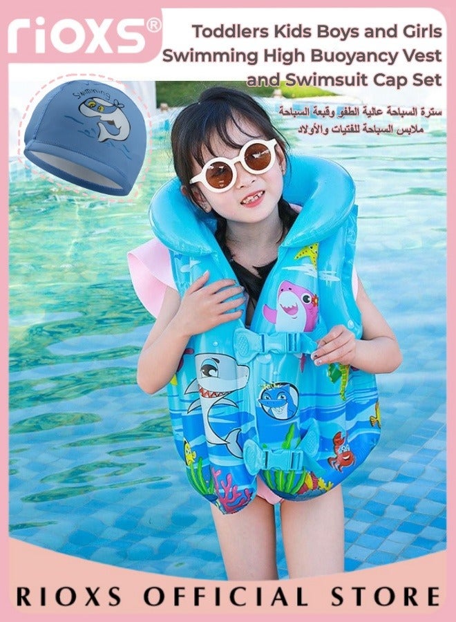 Toddlers Kids Boys and Girls Swimming High Buoyancy Vest Inflatable Swimsuit Vest Beginner Swimming Equipment Swimsuit Cap Set