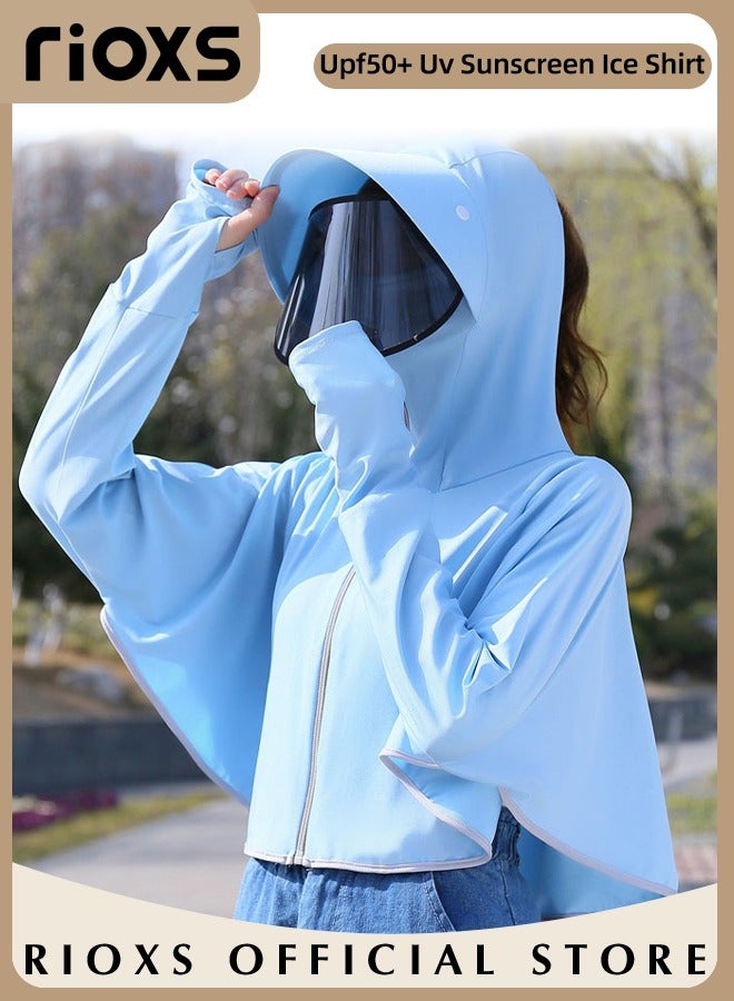 Women's Upf 50+ UV Sun Protection Ice Silk Clothing Long Sleeve Athletic Cycling Shirts Lightweight Breathable Hoodie Zip Up Outdoor Jacket With Detachable Lens