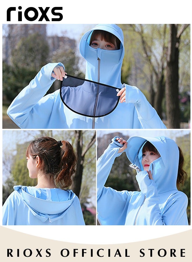 Women's Upf 50+ UV Sun Protection Ice Silk Clothing Long Sleeve Athletic Cycling Shirts Lightweight Breathable Hoodie Zip Up Outdoor Jacket With Detachable Lens