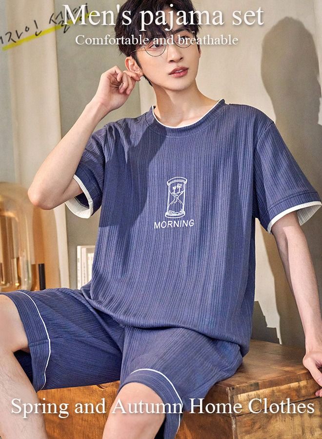 Men's Soft Pajamas Set 2 Piece Cotton Sleepwear Short Sleeve  Crewneck Top and Shorts Loungewear Summer Sleepwear Set Home Wear