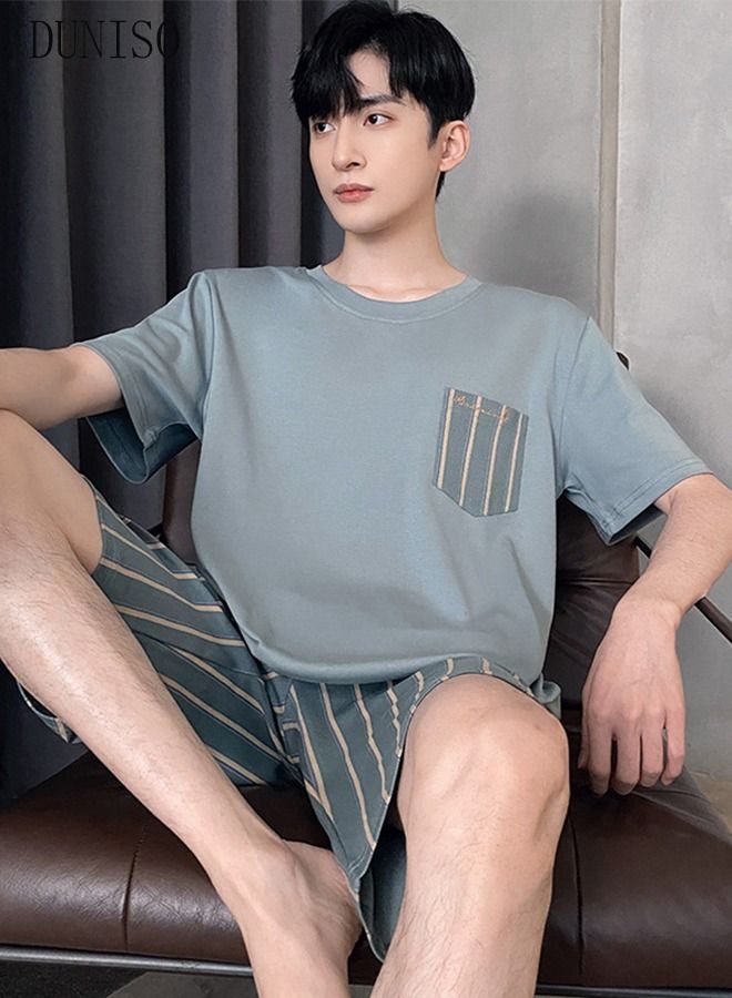 Men's Pajamas Set Nightwear Lightweight Round Neck Short Sleeve Stripes Short Pant Lounge 2 Pieces Sleepwear Nightgown Male Spring Summer Loungewear