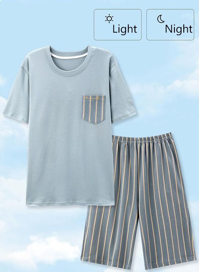 Men's Pajamas Set Nightwear Lightweight Round Neck Short Sleeve Stripes Short Pant Lounge 2 Pieces Sleepwear Nightgown Male Spring Summer Loungewear