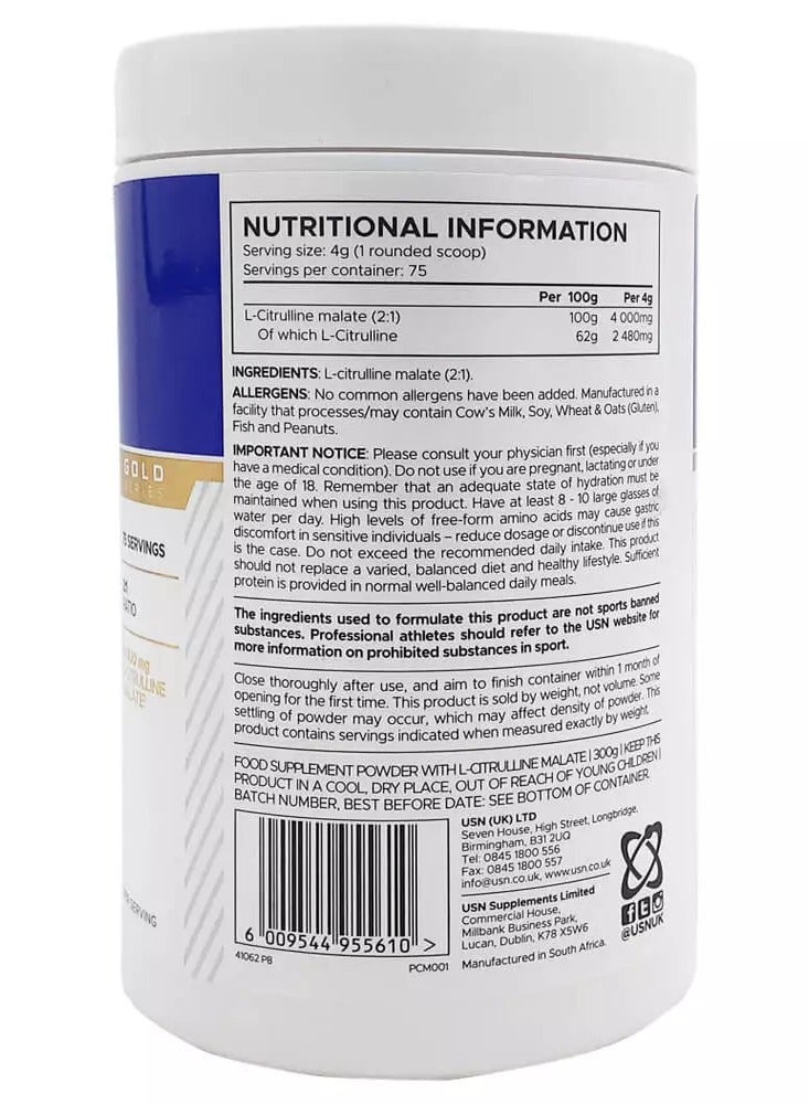 USN Pure L-Citrulline Malate, Unflavored Powder, 300g