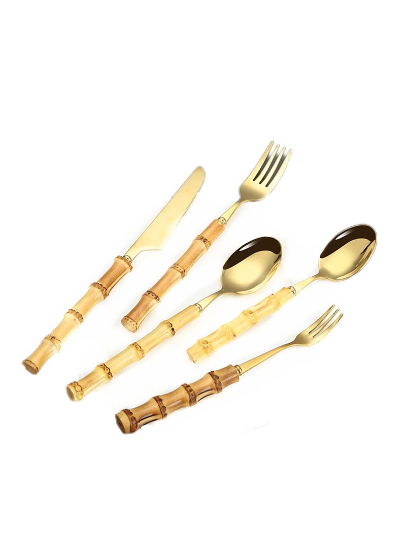 Creative natural bamboo handle stainless steel knife fork and spoon steak knife and fork Jiejie Gaoxi tableware 5-piece set