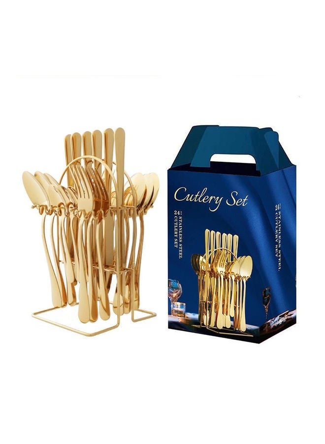 24-Piece Stainless Steel Cutlery Set with Storage Holder Gold