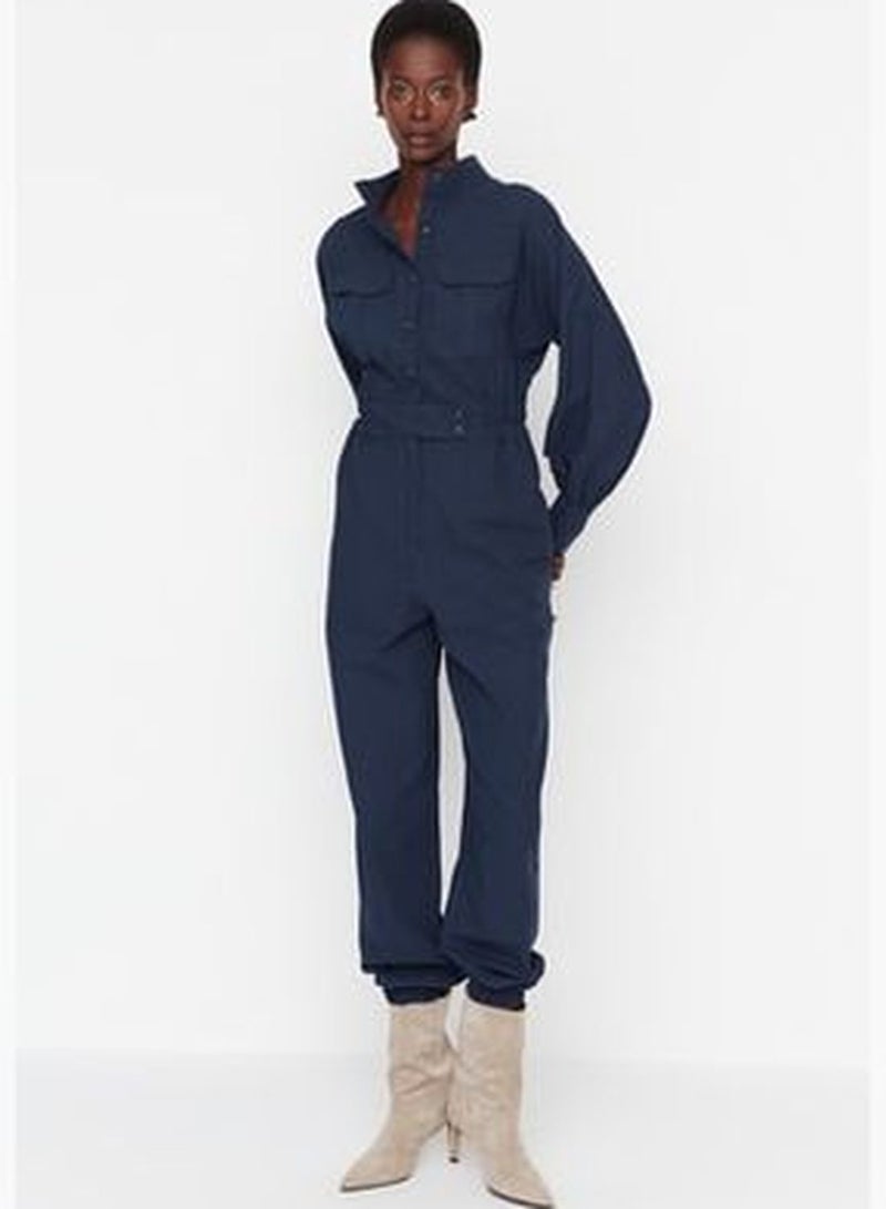 Navy Blue Button Detailed Jumpsuit TWOSS19IE0098