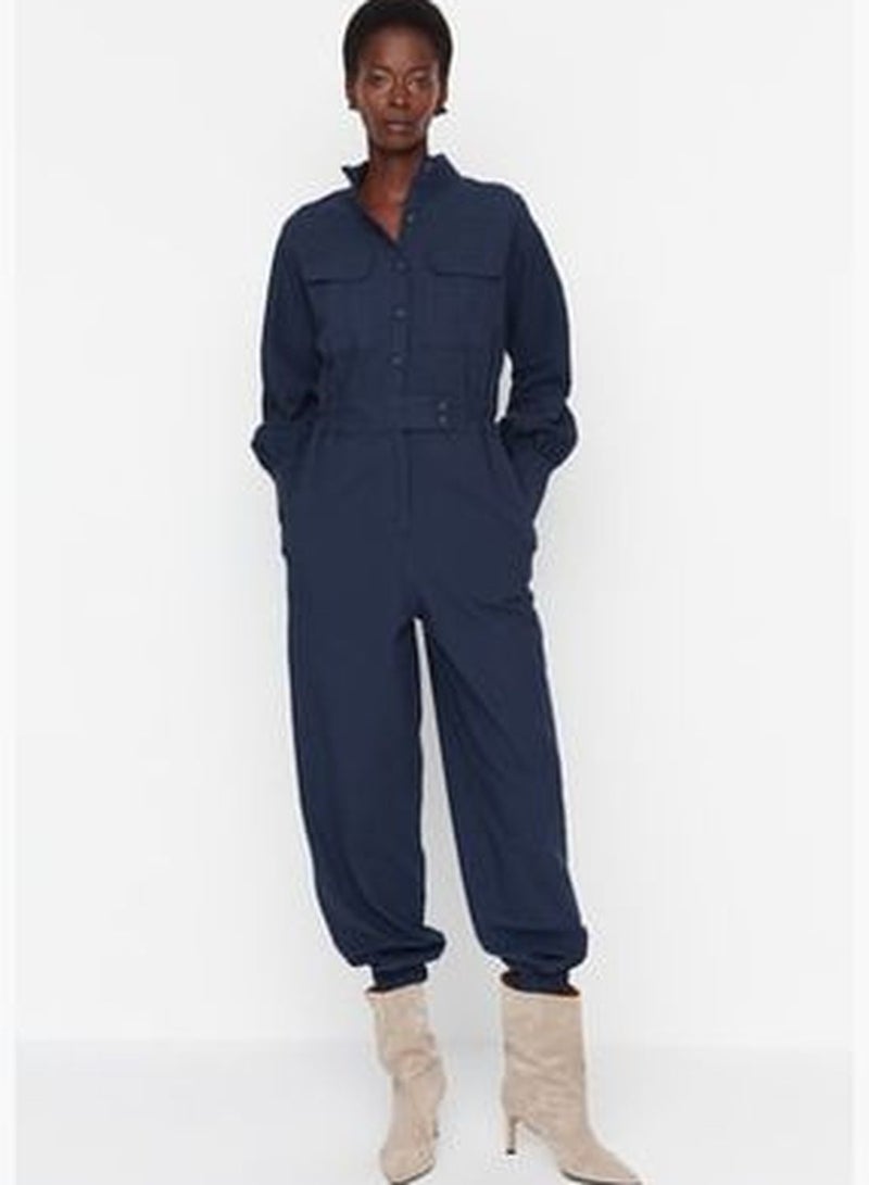 Navy Blue Button Detailed Jumpsuit TWOSS19IE0098