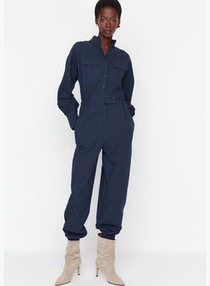 Navy Blue Button Detailed Jumpsuit TWOSS19IE0098