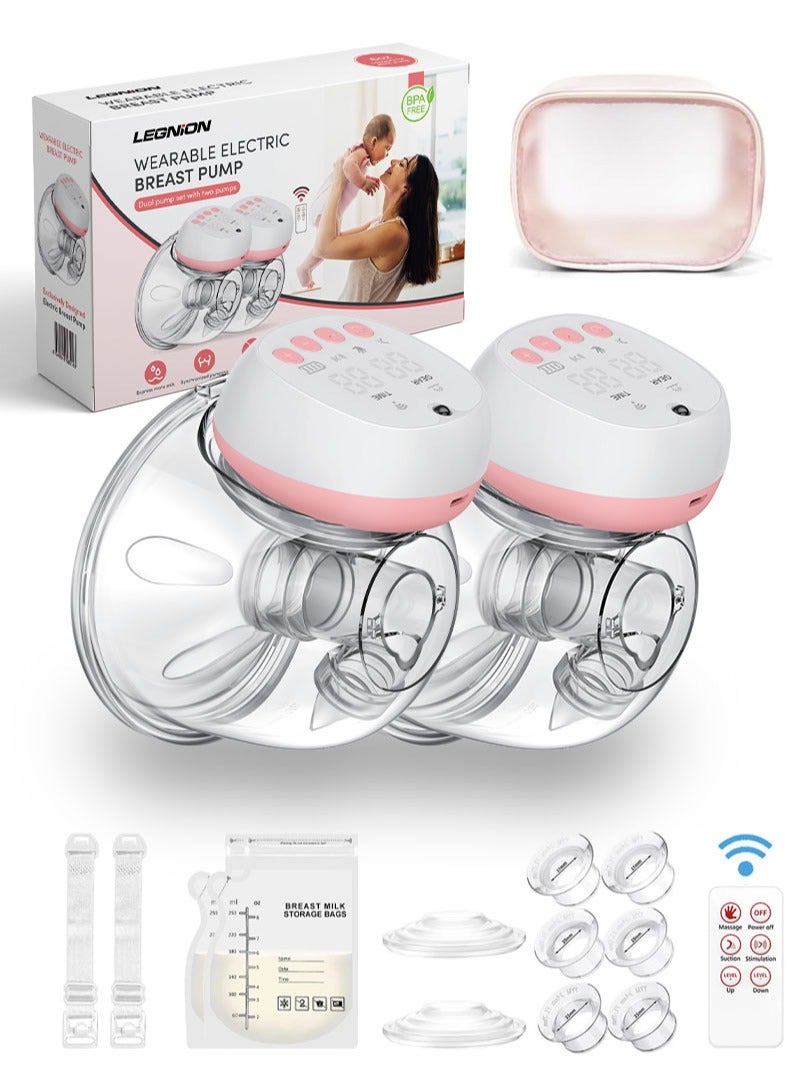 Wearable Breast Pump with Milk Bag, Hands Free Electric Breast Pump 12 Levels 3 Modes with Remote Control, 17mm 19mm & 21mm inserts, Painless Low Noise, BPA Free, 2 Pack