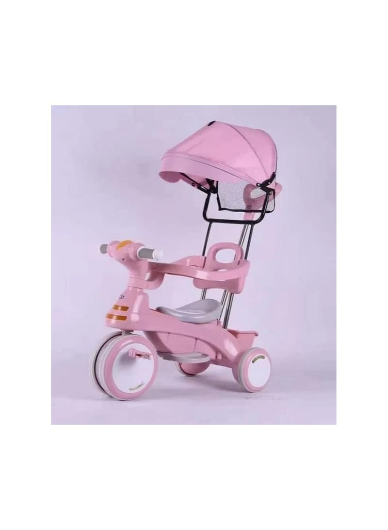 4in1 Kids Toy Tricycle For 1-6 Years Boys & Girls Cheap Baby 3-Wheels Tricycle Stroller Children Trike with ABS Foot Pedals, Basket, Canopy and Storage Bag Pink