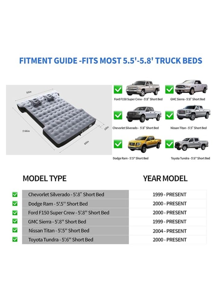 Large truck bed air mattress, thick leak-proof truck bed mattress with pump, pillows, portable air mattress for truck, tent and camping, gray