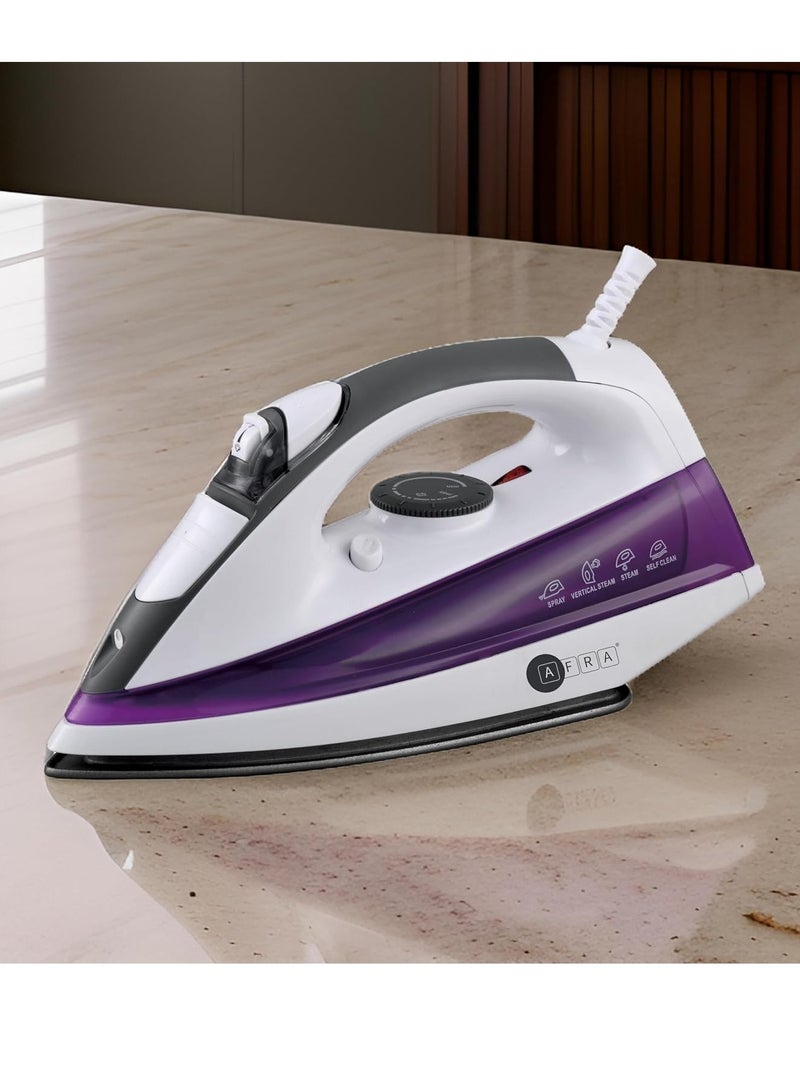 AFRA Steam Iron, 2200W, 430ml Capacity, White And Purple, Ceramic Coated Soleplate, Vertical Steam, ESMA Approved, AF-2200IRWP, 2 Years Warranty 430 ml 2200 W AF-2200IRWP white