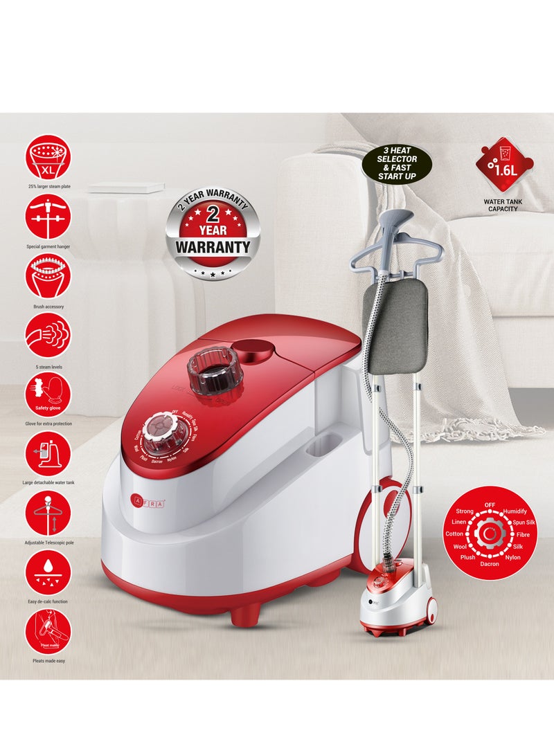 AFRA Garment Steamer with Iron Board, 1.6L, 1950w 30s Heating time, 50mins Working time, 32g/Mins Air output, Adjustable Telescopic Pole, 47 to 117cm stand height, AF-1950GSRD, 2 Year Warranty. 1.6 L 1950 W AF-1950GSRD white