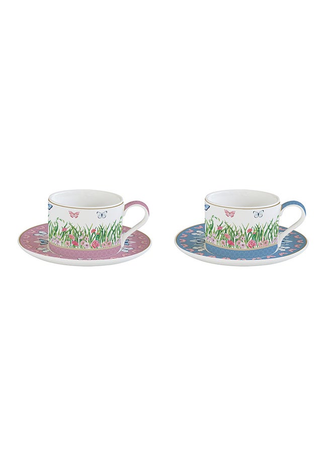 Spring Parade 2 Cups & Saucer Sets, Multicolour - 240 ml