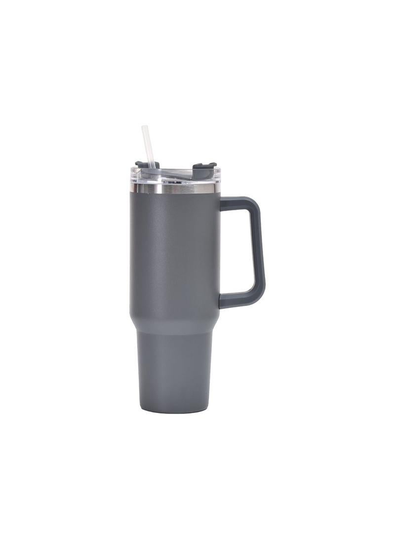 Large Capacity Thermos Cup 304 Stainless Steel Cup with Straw and Handle Grey 40OZ