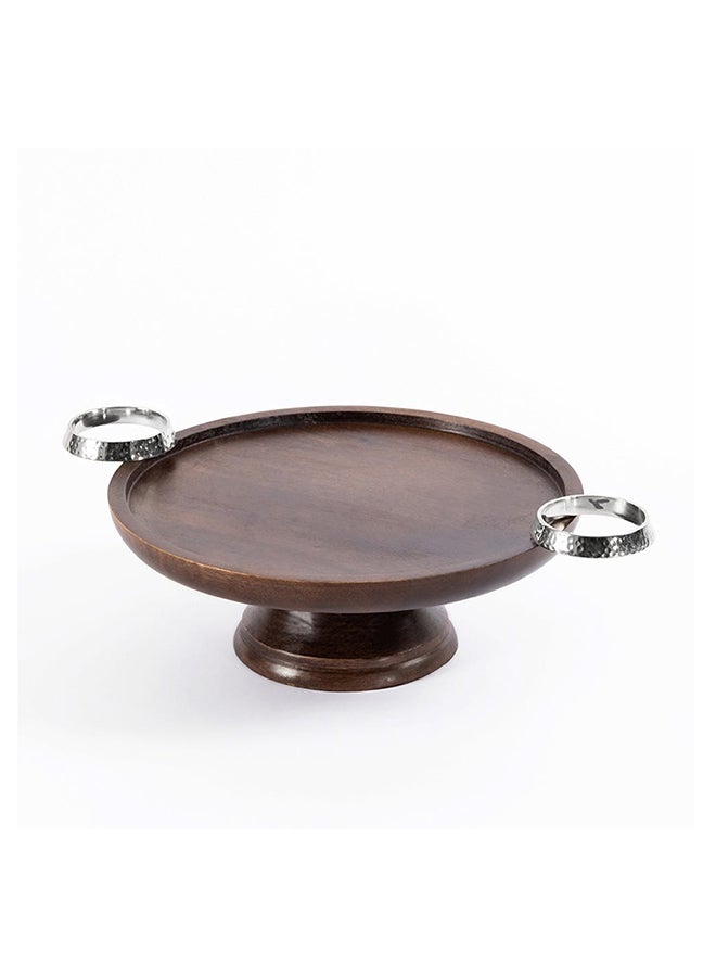 Serving Plate with Hammered Ring Handle, Brown & Silver - 29x11 cm