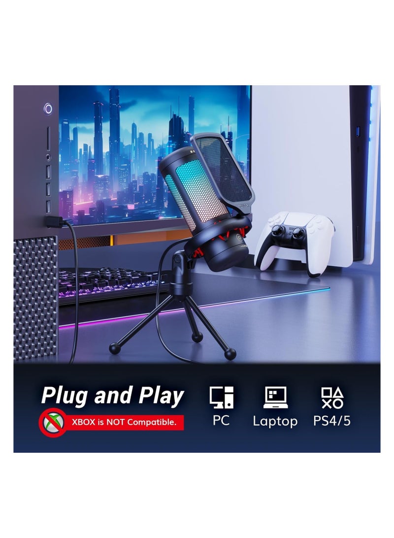 Gaming Mic, USB Microphone for PC Computer, Cardioid Condenser Mic with Adjustable RGB Modes & Brightness, Quick Mute, Gain Control, for Streaming, Podcasting, Recording, PS4/5 Desktop Mic TC310
