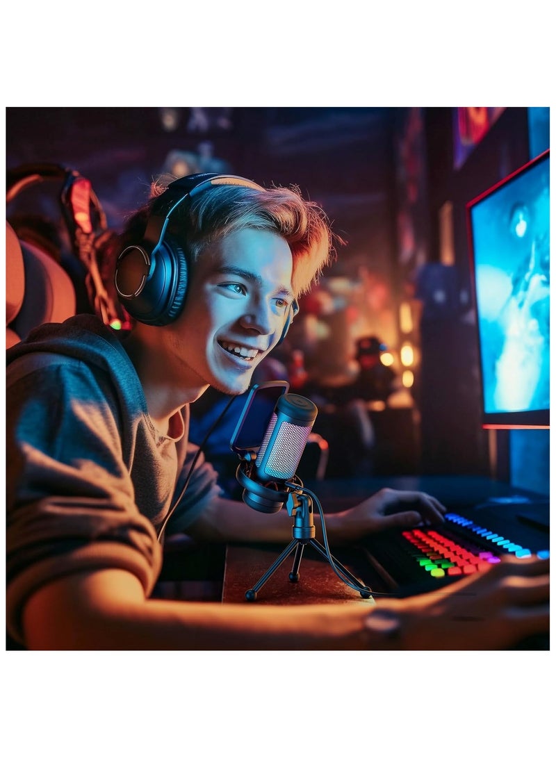 Gaming Mic, USB Microphone for PC Computer, Cardioid Condenser Mic with Adjustable RGB Modes & Brightness, Quick Mute, Gain Control, for Streaming, Podcasting, Recording, PS4/5 Desktop Mic TC310