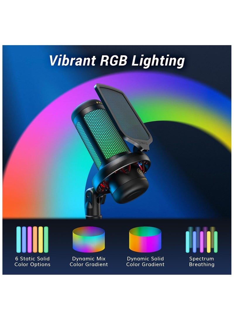 Gaming Mic, USB Microphone for PC Computer, Cardioid Condenser Mic with Adjustable RGB Modes & Brightness, Quick Mute, Gain Control, for Streaming, Podcasting, Recording, PS4/5 Desktop Mic TC310
