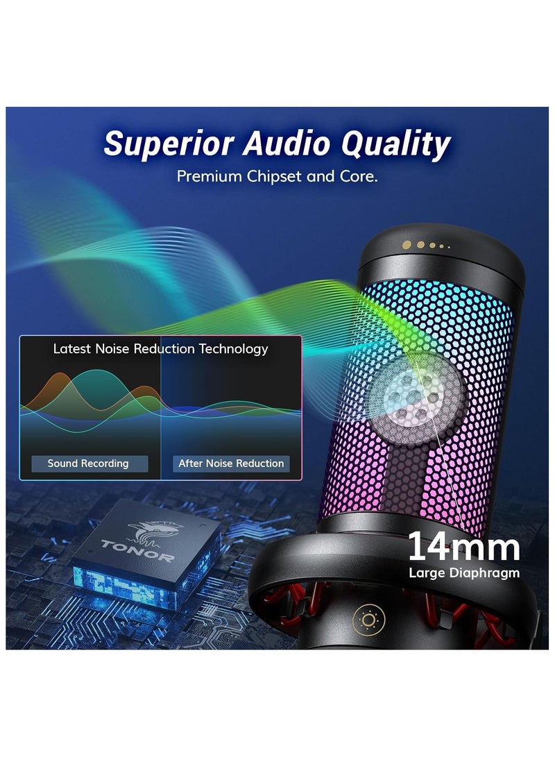 Gaming Mic, USB Microphone for PC Computer, Cardioid Condenser Mic with Adjustable RGB Modes & Brightness, Quick Mute, Gain Control, for Streaming, Podcasting, Recording, PS4/5 Desktop Mic TC310